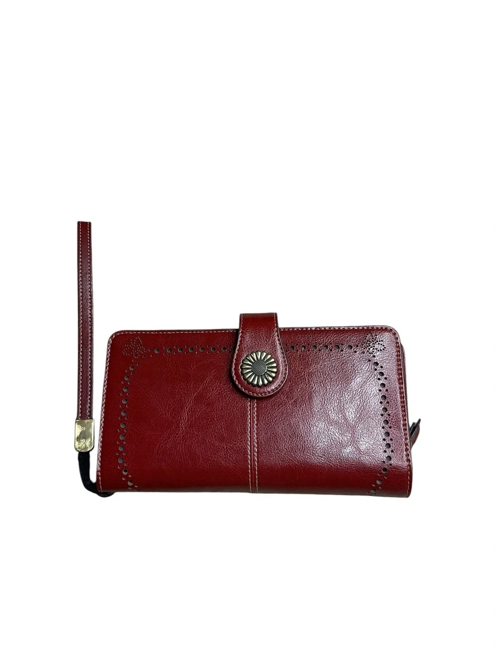 Lavemi RFID Blocking Burgundy Leather Wristlet Wallet Floral Snap Organizer Zip